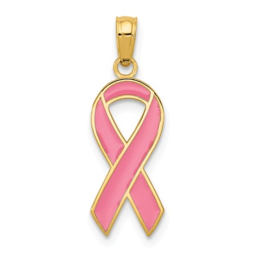 14k Yellow Gold with Pink Enamel Breast Cancer Ribbon Charm Necklace Pendant